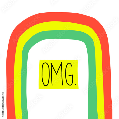 OMG Oh my god hand drawn lettering, hand written quote for surprise, excitement, disbelief. Modern calligraphy under flat rainbow drawing. Typography for social media content, blog, poster, card
