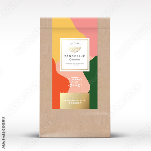 Craft Paper Bag with Citrus Chocolate Label. Abstract Vector Packaging Design Layout with Realistic Shadows. Modern Typography, Hand Drawn Tangerine Silhouette and Colorful Background.