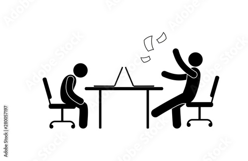 people in the office are sitting at the table, stick figure pictogram, sad and joyful employees