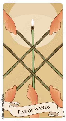 Five of wands. Tarot cards. Hands holding crossed sticks