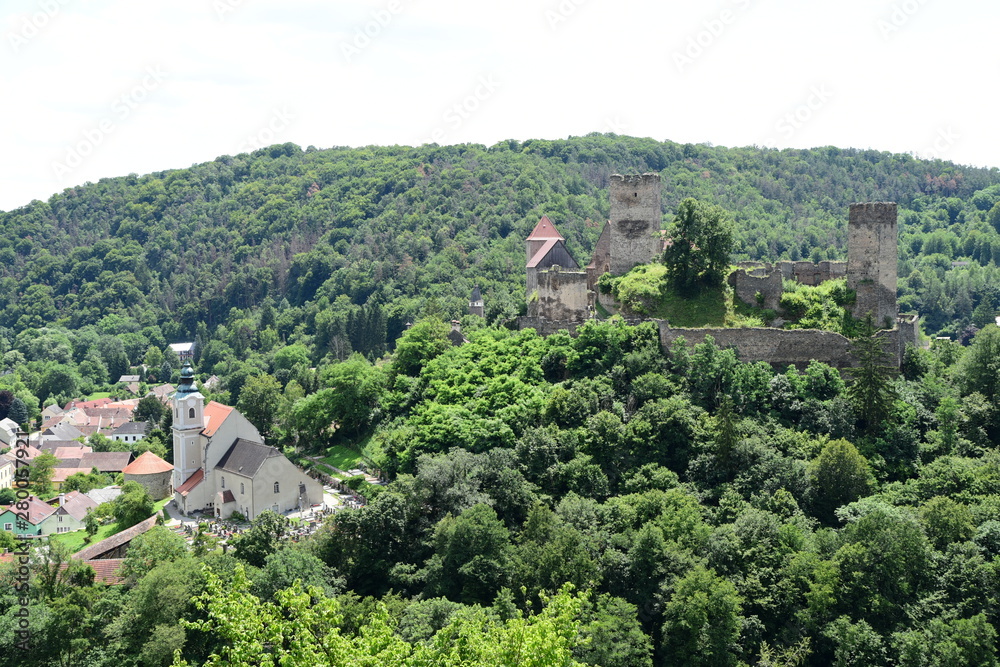 Medieval town and Hardegg Castle in the Thayatal National Park seen from above.