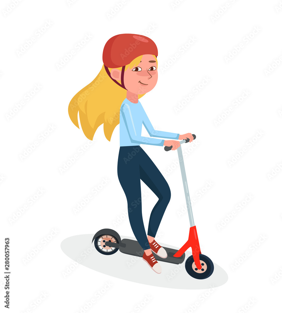 Girl riding two-wheeled electric scooter. Vector female cartoon character illustration Girl riding two-wheeled electric scooter. Vector female cartoon character illustration