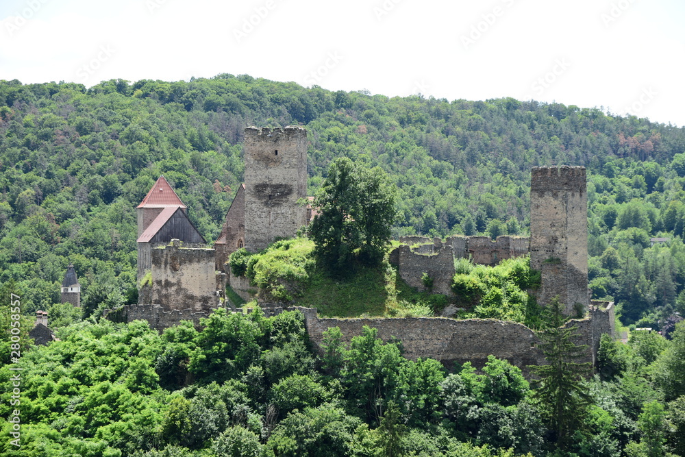 Hardegg medieval castle on a fortified hill in Thayatal National Park on sunny day.