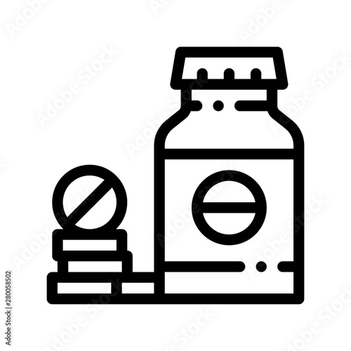 Bio Supplements Drugs Bottle Vector Thin Line Icon. Sportsman Plastic Container With Healthy Balancer Drugs Linear Pictogram. Dietary Protein Ingredient, Bar Bodybuilding Contour Illustration