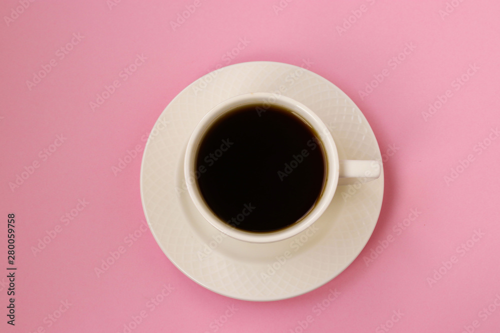 Cup of coffee on pink background, Top view, Flat Lay, Copy space, horizontal photo Cup of coffee on pink background, Top view, Flat Lay, Copy space, horizontal photo