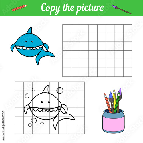 Shark coloring book Copy on the grid. With a sample of blue fish and bubbles. Leisure development. Game for children magazine. Cartoon sea life. Page of the worksheet.