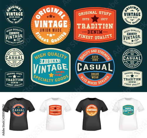 Set of colorful t-shirt stamps design for tee applique, badge, tag, label clothing, jeans, and casual wear