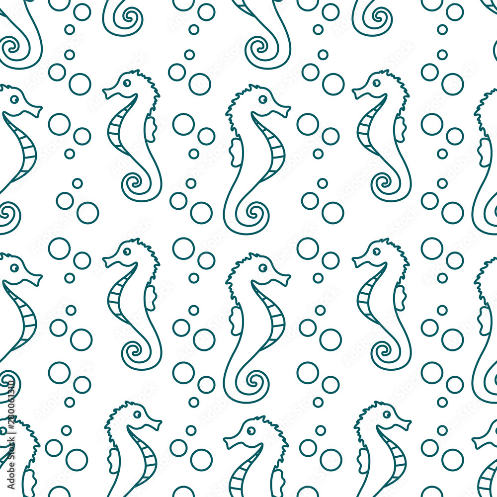Vector seamless pattern with sea horses, bubbles
