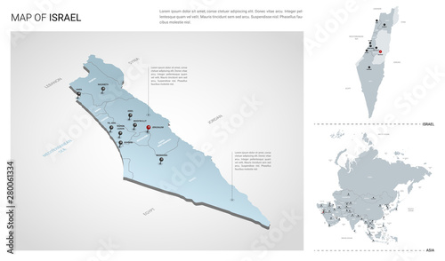 Vector set of Israel country.  Isometric 3d map, Israel map, Asia map - with region, state names and city names.