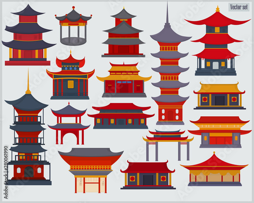 A set of Chinese buildings and temples in the traditional style on a light gray background