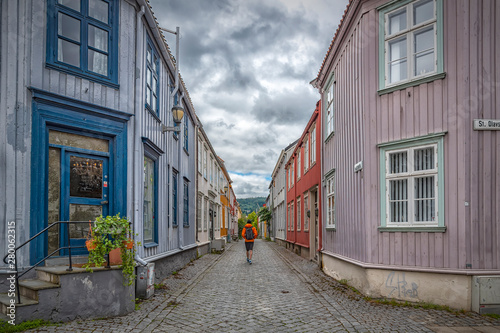 Trondheim Narrow Street with Backpacker