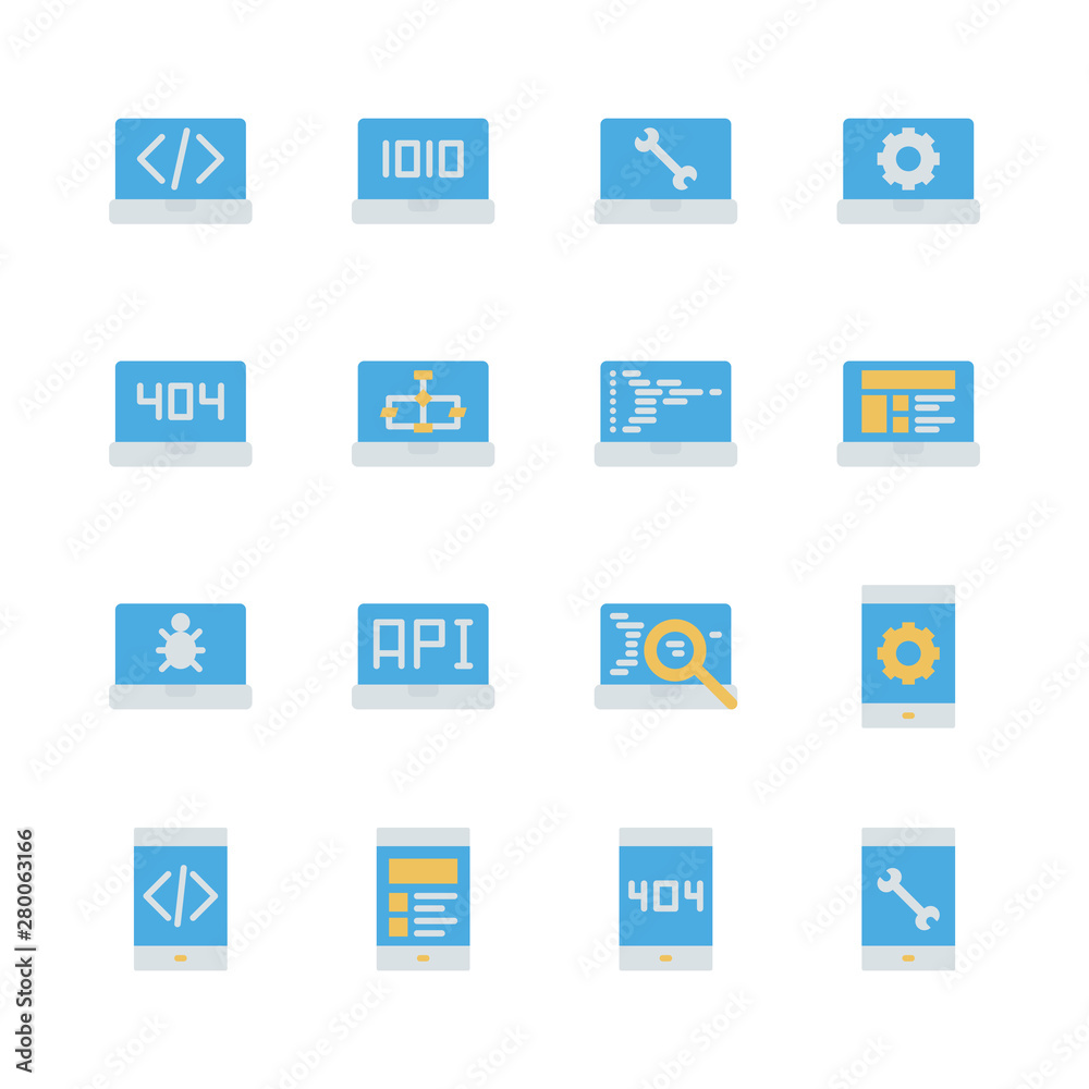 Programming and coding in flat icon set.Vector illustration. Programming and coding in flat icon set.Vector illustration.