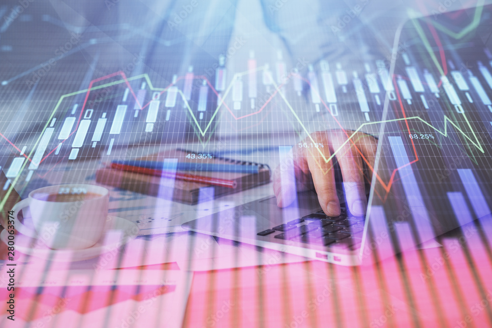 Forex graph with businessman working on computer in office on background. Concept of hardworking. Multi exposure. Forex graph with businessman working on computer in office on background. Concept of hardworking. Multi exposure.
