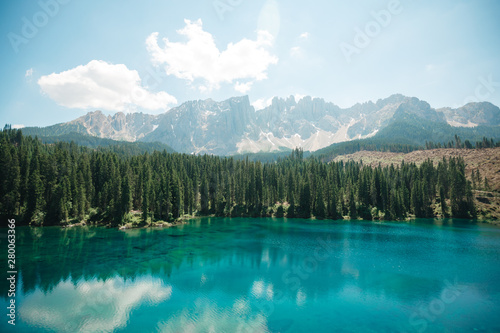 Carezza lake is a famous Unesco World Heritage Site in Val d'Ega, Trentino Alto-Adige, Italy
