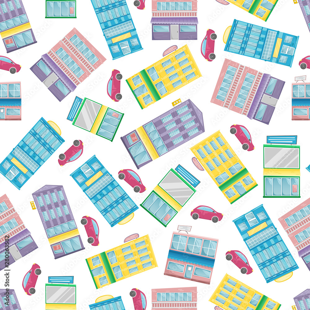 Seamless pattern with cartoon flat houses and cars.