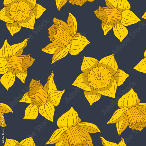 Seamless pattern with yellow daffodils. Endless texture with yellow spring flowers on dark background