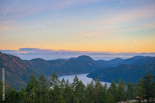 Sunset view of the Saanich inlet and gulf islands in Vancouver Island