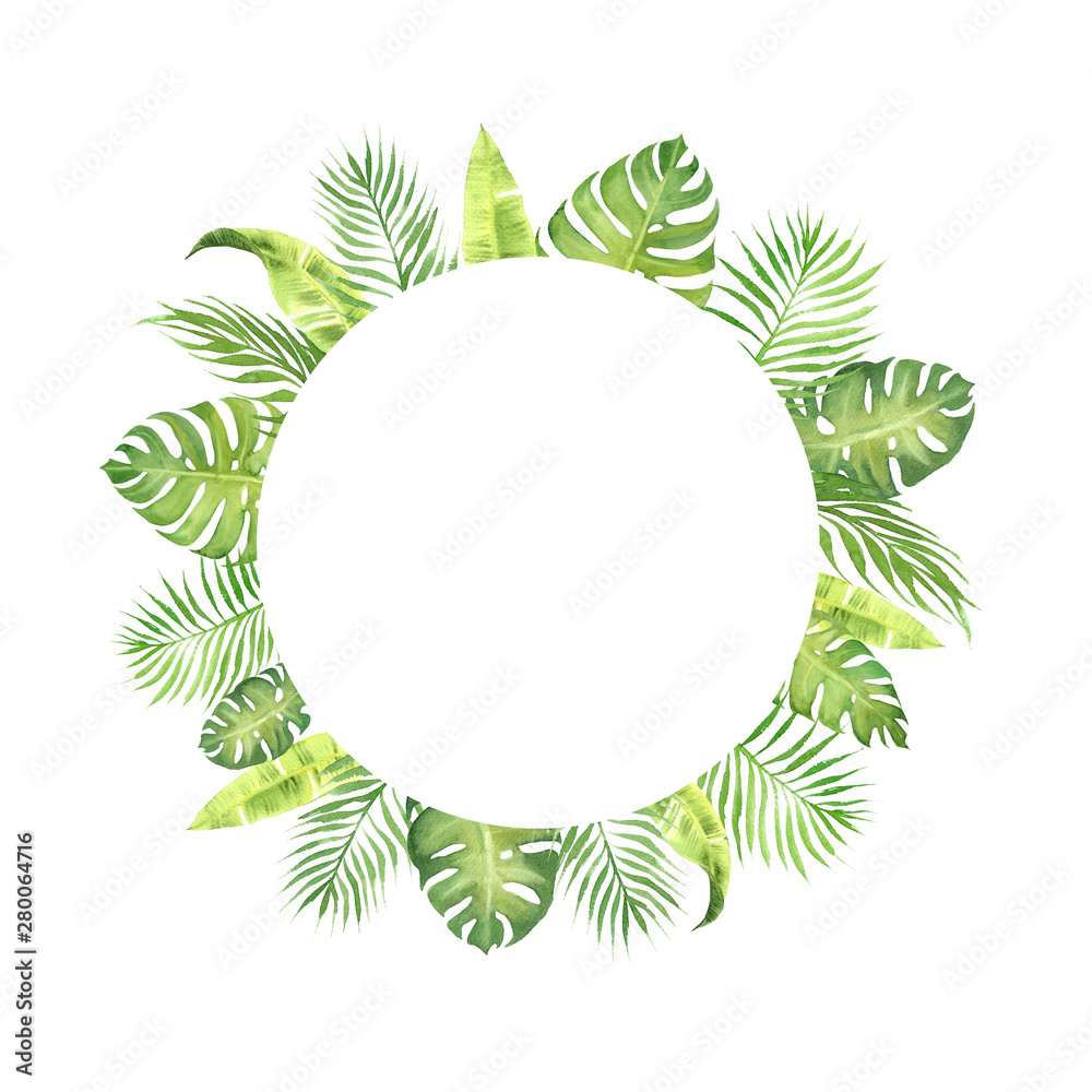 watercolor border frame with green tropical leaves