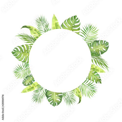 watercolor border frame with green tropical leaves
