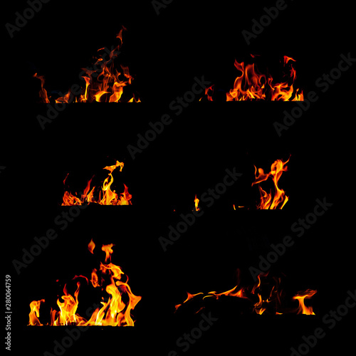 Set of six high resolution fire flames isolated on black background. Real tongues of flame from the fireplace