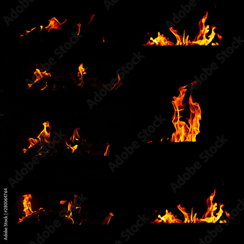 Set of seven high resolution fire flames isolated on black background. Real tongues of flame from the fireplace
