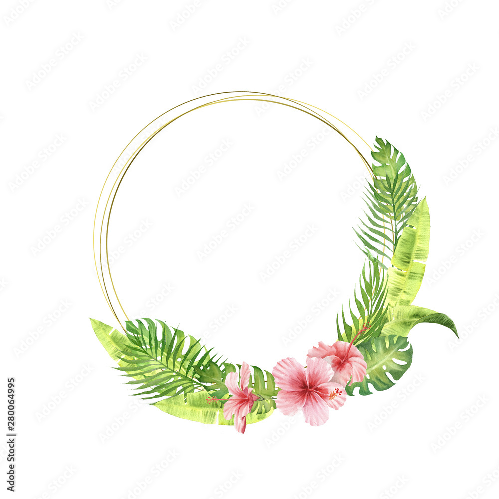 watercolor border frame green tropical leaves and flowers Stock ...