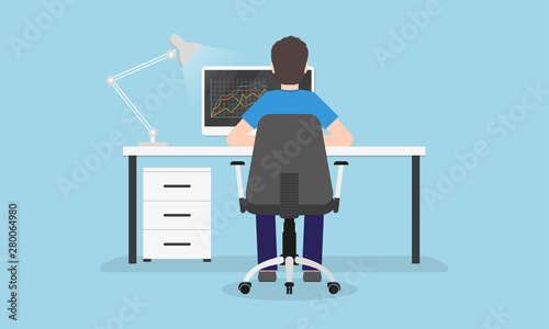 Man is working on the computer. Back view. Person sitting on a chair in the desk or table. Home office, workplace or workspace concept. Vector illustration.