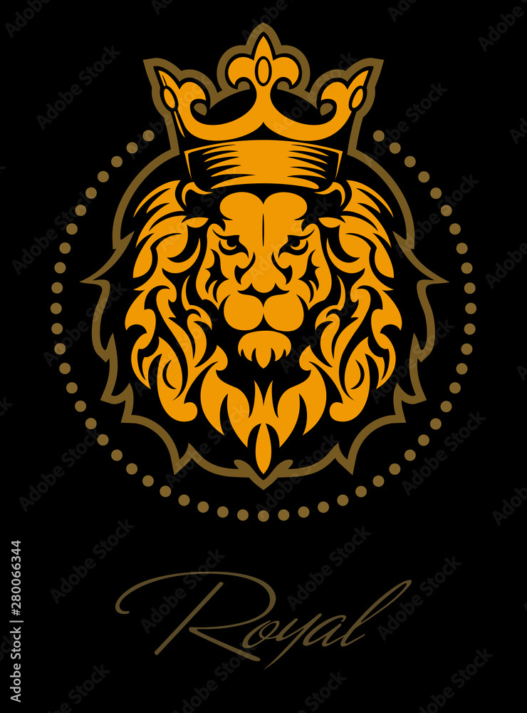 Lion face, lion head with the crown, lion logo design concept.