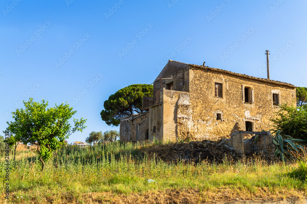 Beautiful Scenery with an Abandoned Old Country House, Caltanissetta, Sicily, Italy, Europe