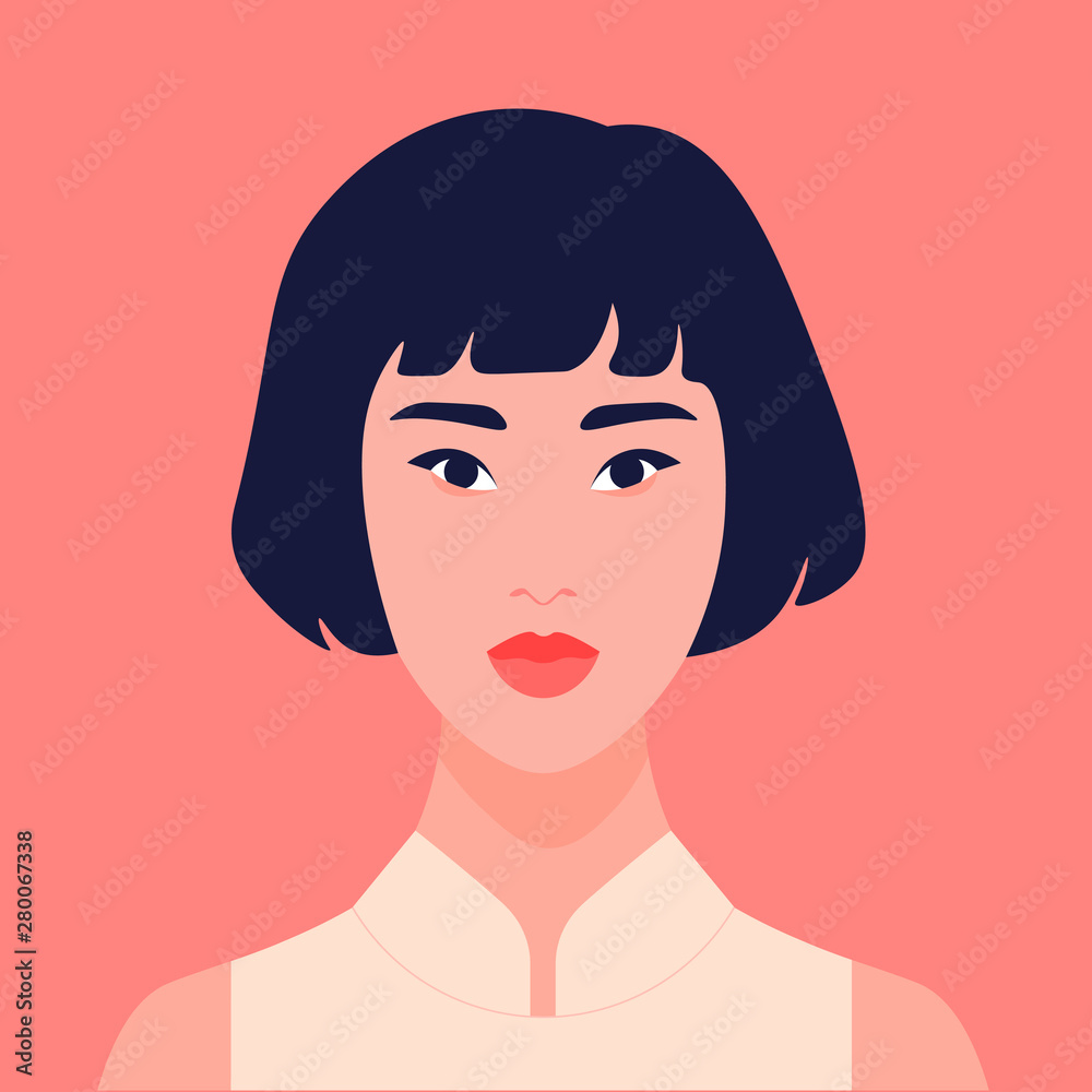 Portrait of a calm Asian girl. Avatar schoolgirl. Female student. Vector flat illustration