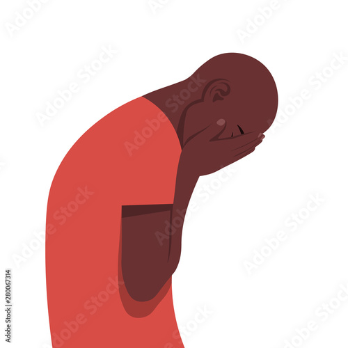 Young African man in despair. The guy in profile is under great stress. Nervous breakdown. Depressive disorder. Vector illustration in flat style.
