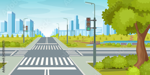 City road with crossroads traffic lights. City highway vector illustration