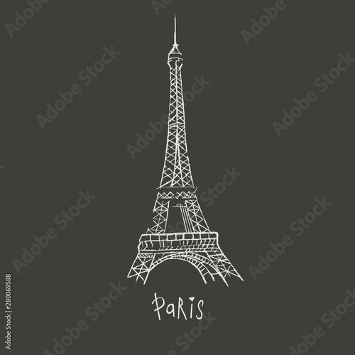 Vector Paris drawing. The Eiffel Tower. Doodle style. Hand-drawn picture on a black background