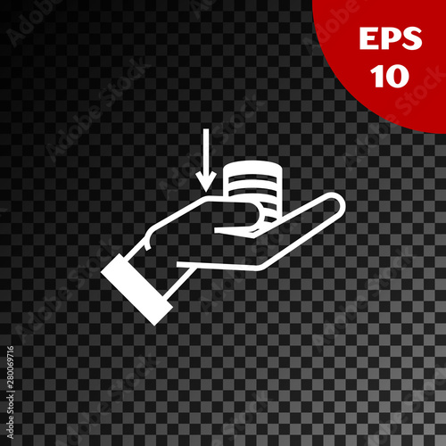 White Money on hand icon isolated on transparent dark background. Palm holds cash with down. Cash salary decrease. Vector Illustration