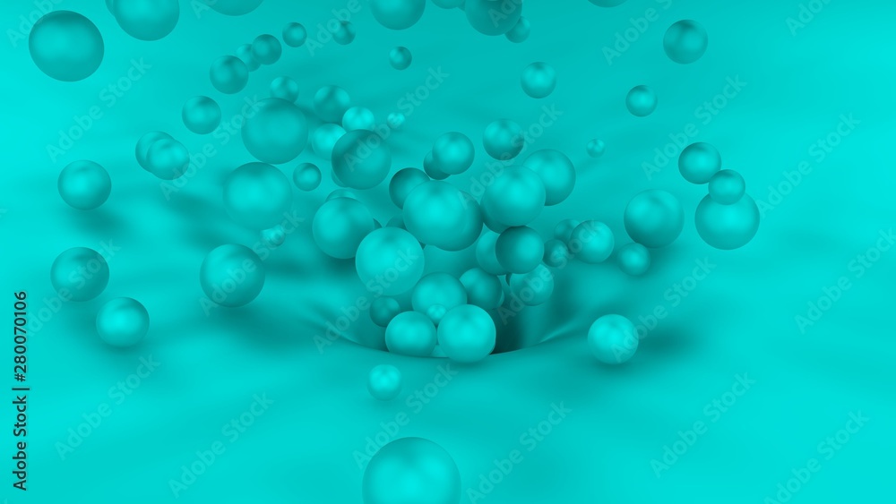 3D image of many white balls of different sizes flying out of the hole on the surface. All objects in the scene are the same color, monocolor. 3D rendering, background, abstract for your desktop.