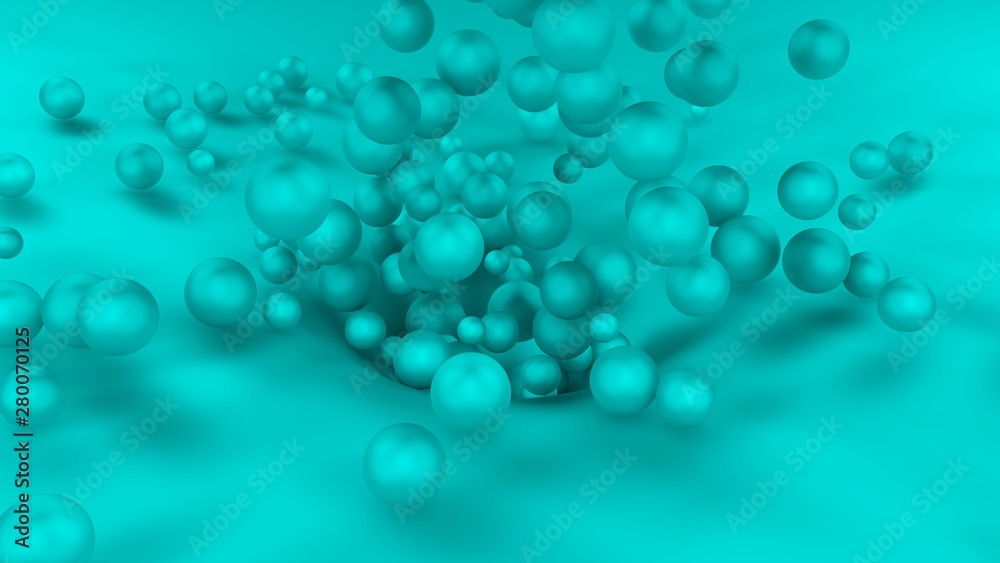 3D image of many white balls of different sizes flying out of the hole on the surface. All objects in the scene are the same color, monocolor. 3D rendering, background, abstract for your desktop.