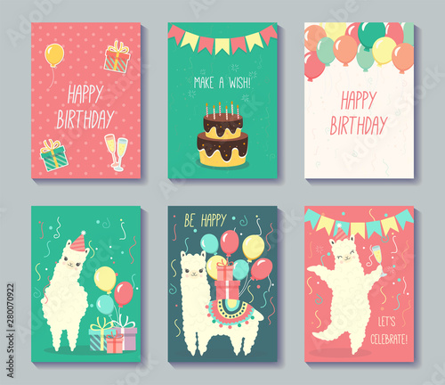 Set of happy birthday cards design. Greeting cards with cute llamas. Vector illustration
