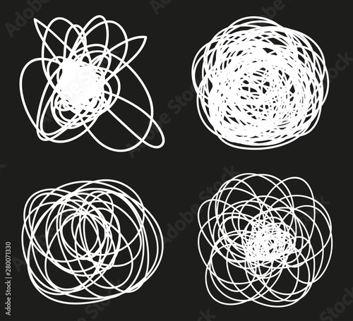 Hand drawn abstract shapes on black. Grungy hatching backgrounds with array of lines. Stroke chaotic patterns. Black and white illustration. Sketchy elements for design