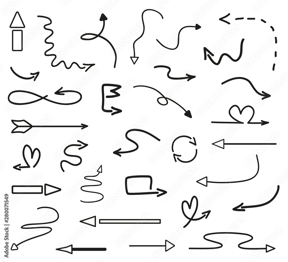 Arrows on isolated white background. Hand drawn simple doodles. Set of different pointers. Abstract indicators. Black and white illustration Arrows on isolated white background. Hand drawn simple doodles. Set of different pointers. Abstract indicators. Black and white illustration