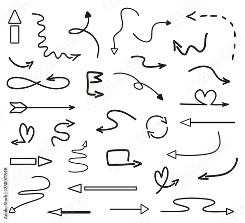 Arrows on isolated white background. Hand drawn simple doodles. Set of different pointers. Abstract indicators. Black and white illustration