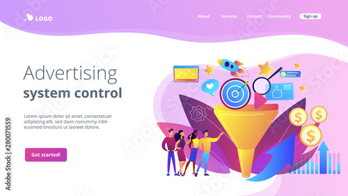 Analysts analyzing market. Selling strategy, lead generation. Marketing funnel, product marketing cycle, advertising system control concept. Website homepage landing web page template.