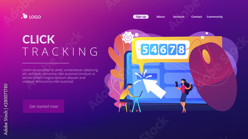 Marketers analyzing digital marketplace. Search engine marketing. Click tracking, clients behavior control, user friendly ad concept. Website homepage landing web page template.