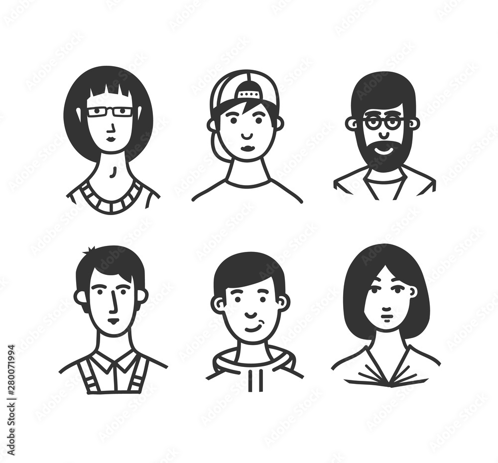Set of cartoon characters or avatars with different hairstyles and accessories hand drawn with contour lines in one color. Set of cartoon characters or avatars with different hairstyles and accessories hand drawn with contour lines in one color.