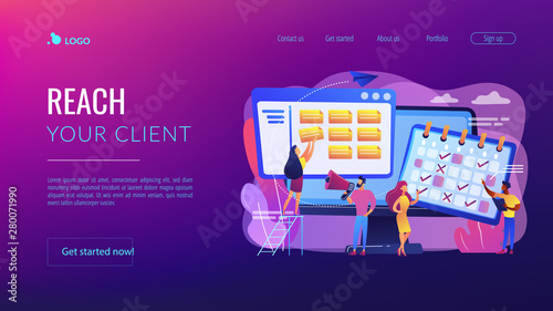 Time management, marketers teamwork. Media planning, media representation control, reach your client, best media plan for your brand concept. Website homepage landing web page template.