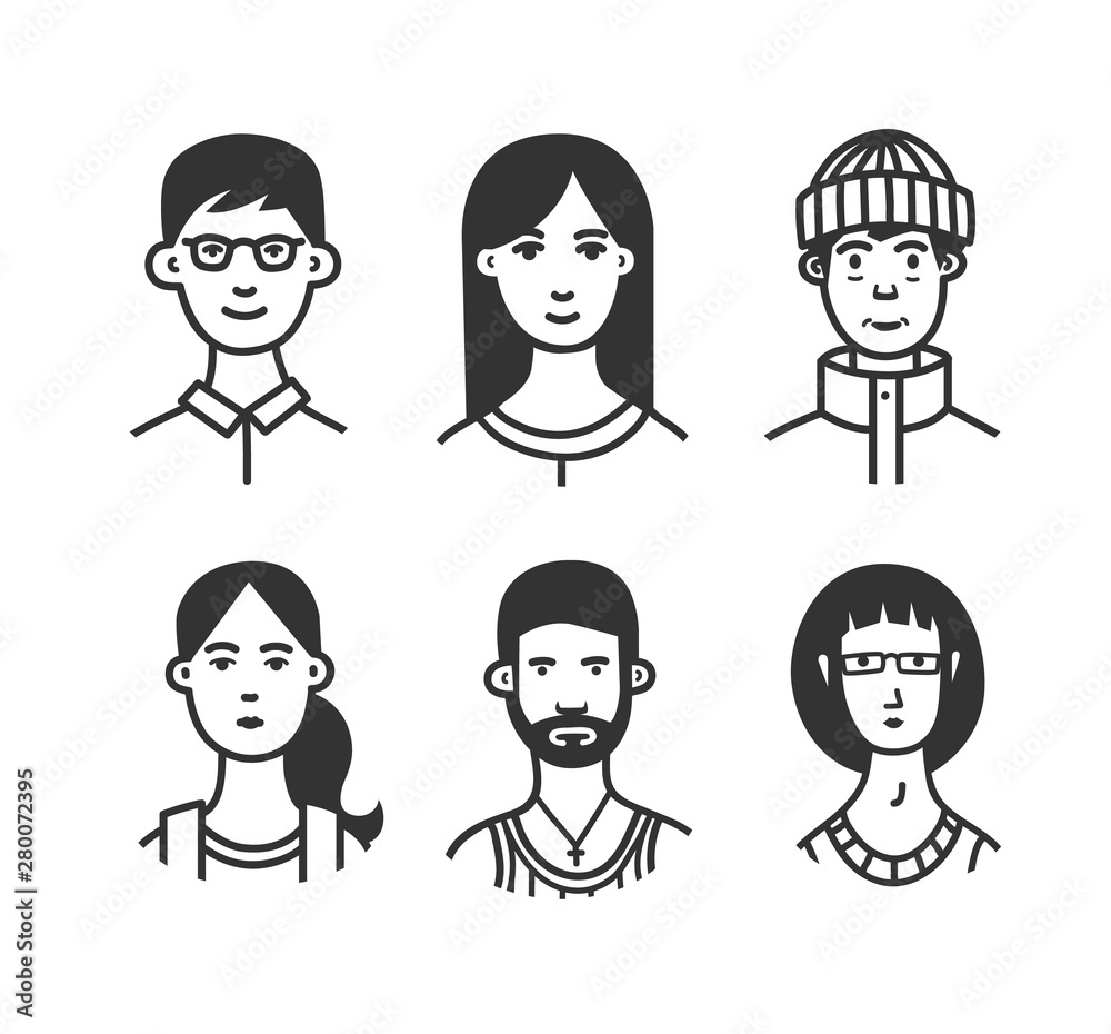 Set of cartoon characters or avatars with different hairstyles and accessories hand drawn with contour lines in one color. Set of cartoon characters or avatars with different hairstyles and accessories hand drawn with contour lines in one color.