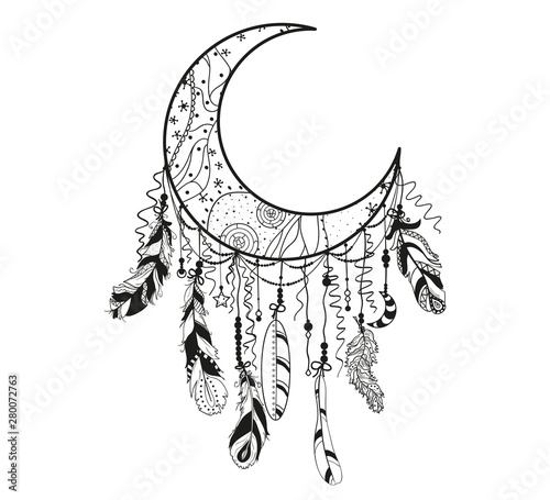 Dreamcatcher on white. Abstract mystic symbol. Design for spiritual relaxation for adults. Black and white illustration for coloring