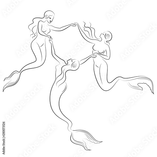 Silhouette of two mermaids. Beautiful girls swim in the water, dance. The lady is young and slim. Fantastic image of a fairy tale. Vector illustration