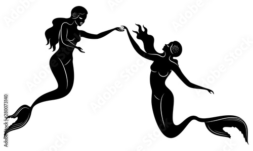 Silhouette of two mermaids. Beautiful girls swim in the water, dance. The lady is young and slim. Fantastic image of a fairy tale. Vector illustration