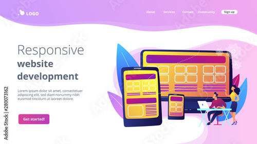 Adaptive mobile app interface, web optimization. Responsive web design, responsive website development, good UX for all screens concept. Website homepage landing web page template.