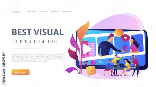 Video chatting, Internet hosting. Market tendencies analyzing. Visual storytelling, eye-catching design trend, best visual communication concept. Website homepage landing web page template.
